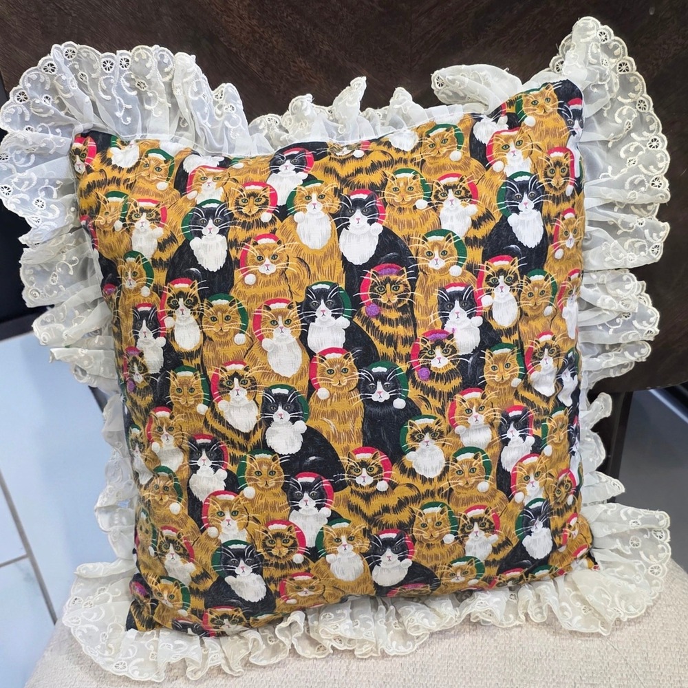 Vintage Christmas Cat Throw Pillow Eyelet Lace Ruffle Santa Hat Tuxedo Tabby 12"